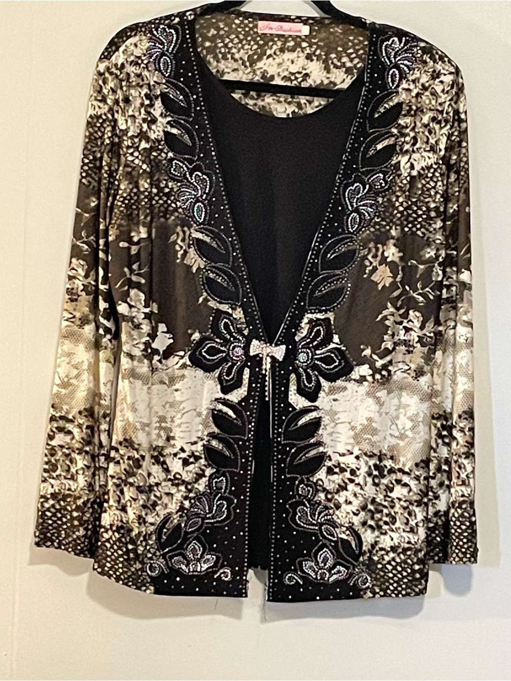 Embellished Open-Front Women’s Cardigan in Black and Cream. Item #11642